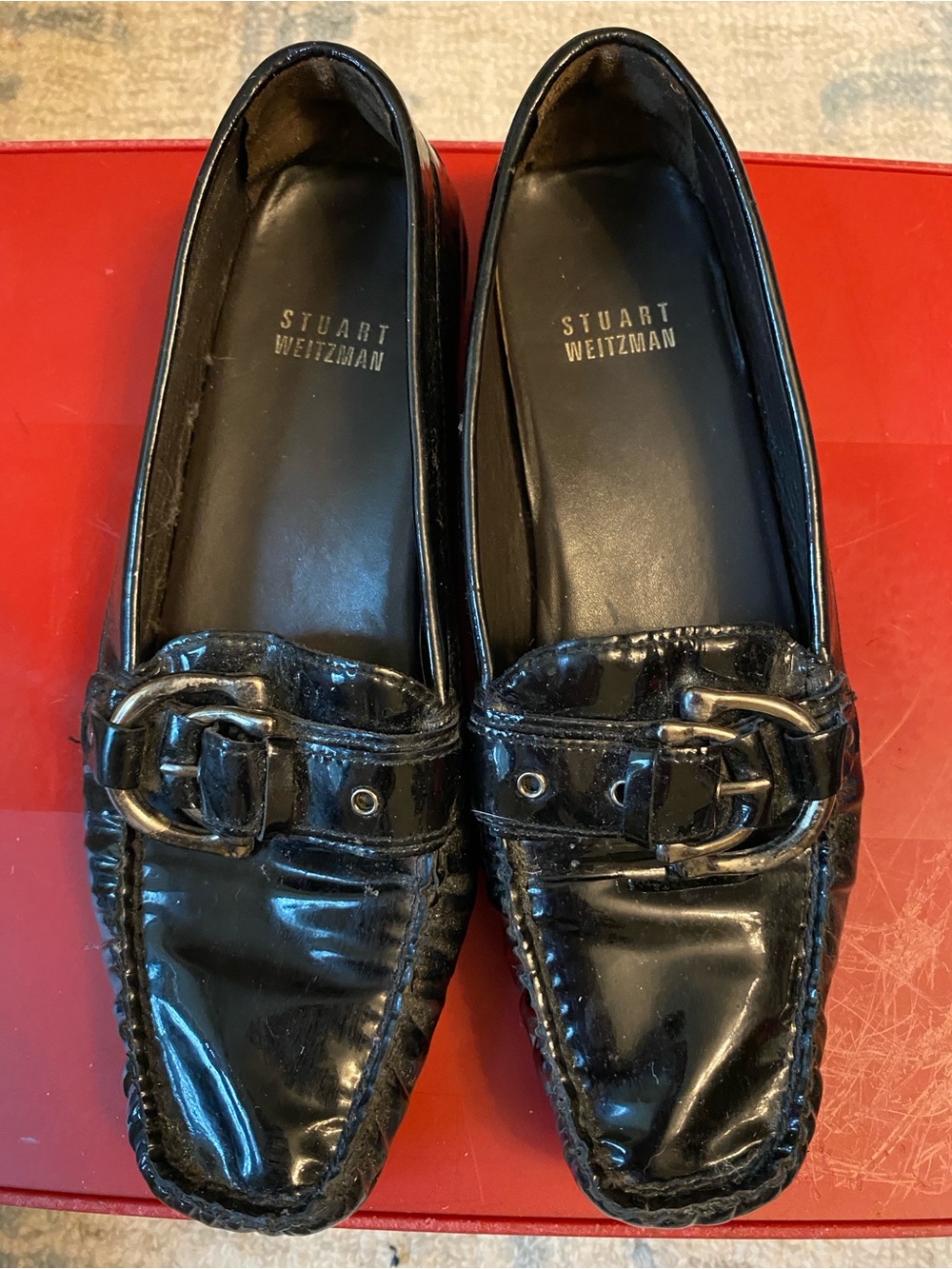 Stuart Weitzman Black Patent Leather Buckle Loafers - Size 6